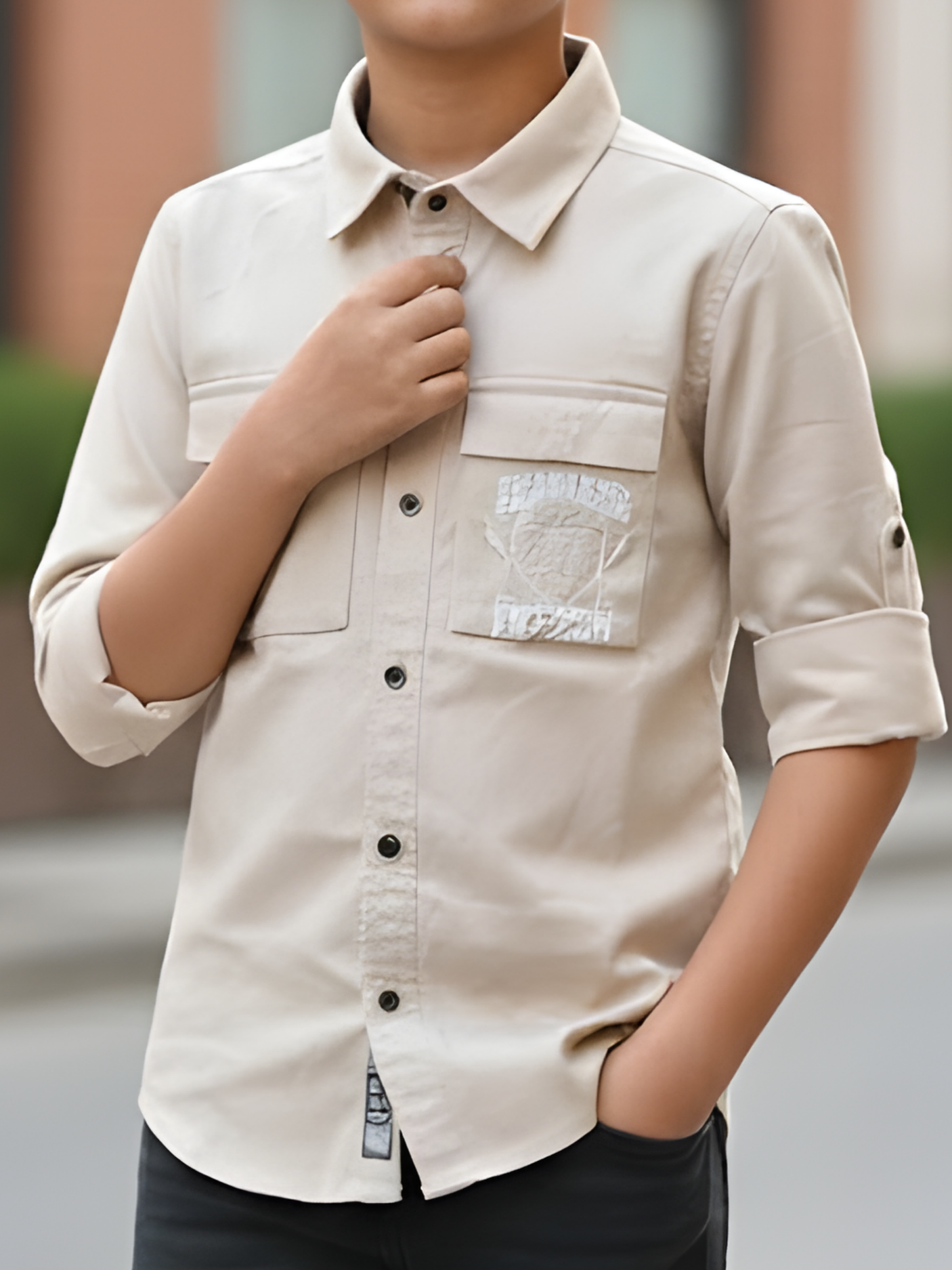 Boys Cream Dual-Pocket Utility Casual Shirt