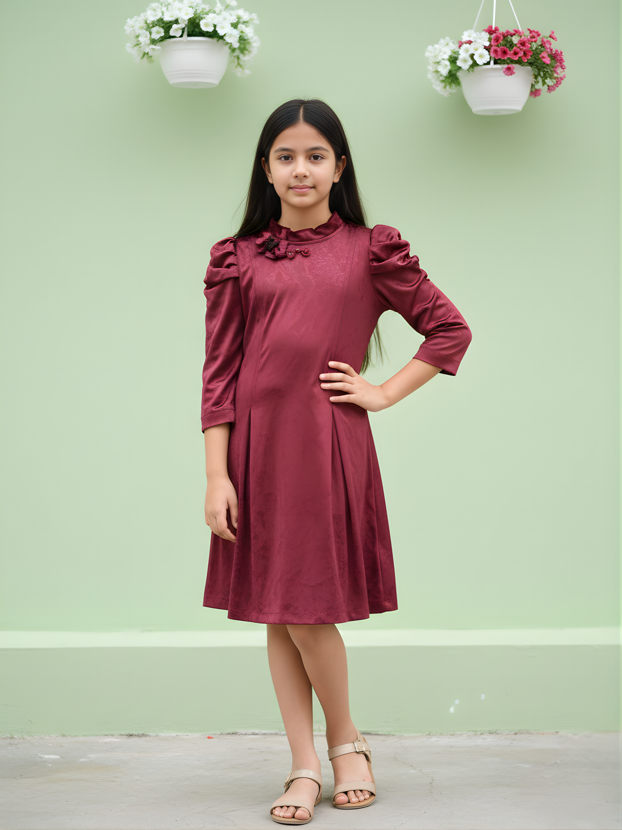 Girls Casual A Line Fancy one piece dress - Maroon