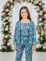 Girls' 3-Piece Blue Floral Print Co-ord Set with Blazer, Crop Top & Trousers