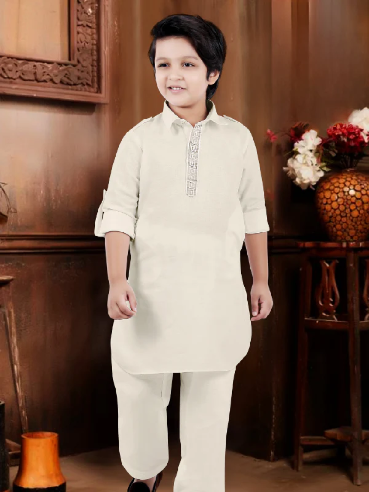 Toddler Boys' Cream/Light Beige Kurta Set with Light Gold Patterned Waistcoat