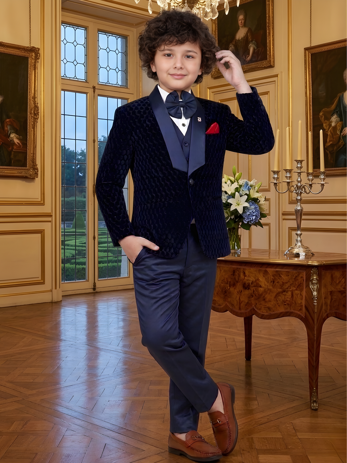 Boys' Navy Blue Textured Velvet Coat Suit with Vest and Bow Tie