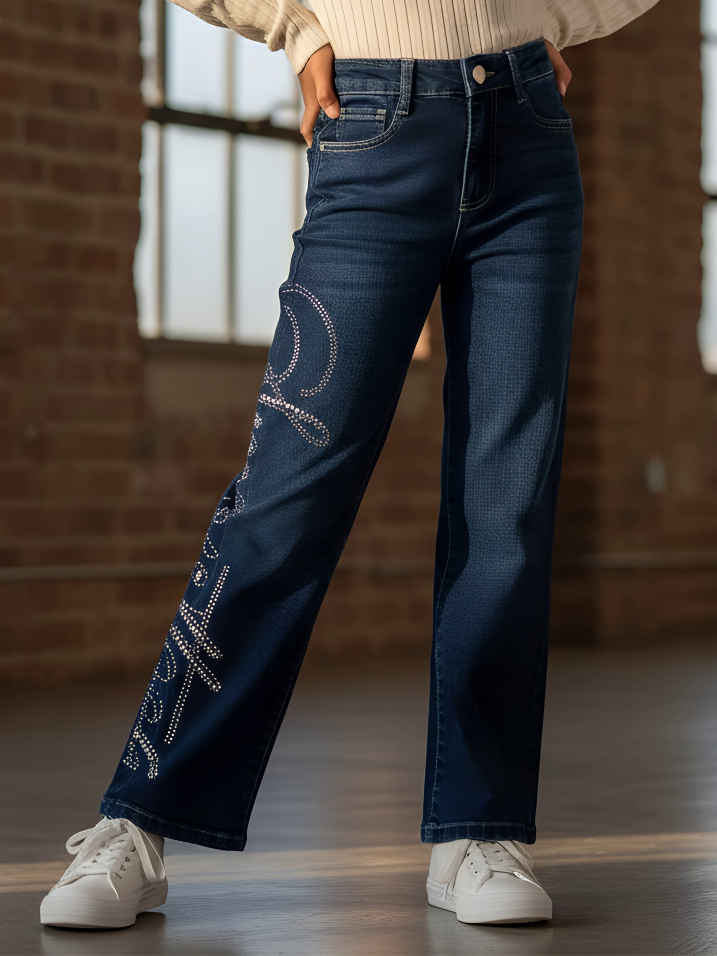 Girls' Blue Rhinestone Embellished Wide-Leg Jeans.