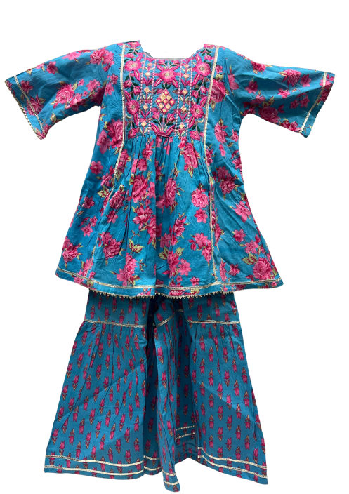 Girls' Blue Floral Ethnic Set with Embroidered Top & Palazzo Pants