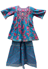 Girls' Blue Floral Ethnic Set with Embroidered Top & Palazzo Pants