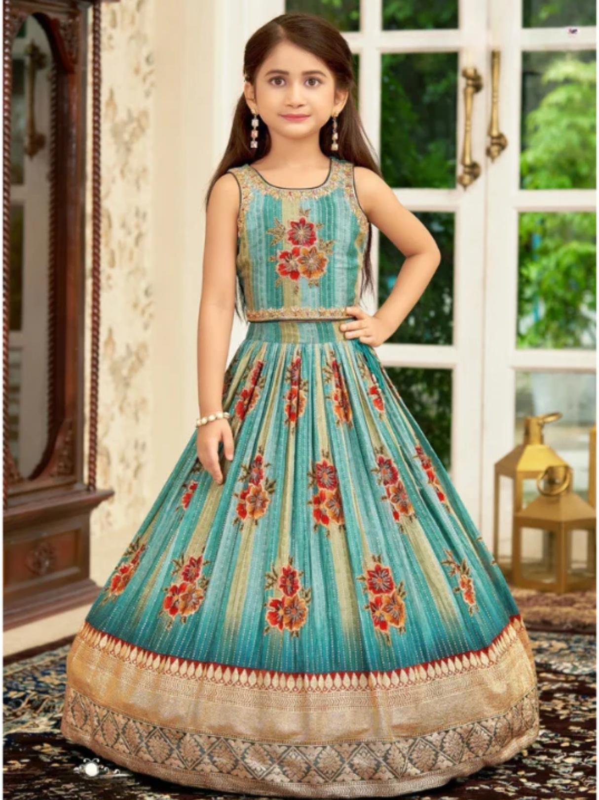 Girls' Festive Yellow Sequin Choli & Red Bandhani Lehenga