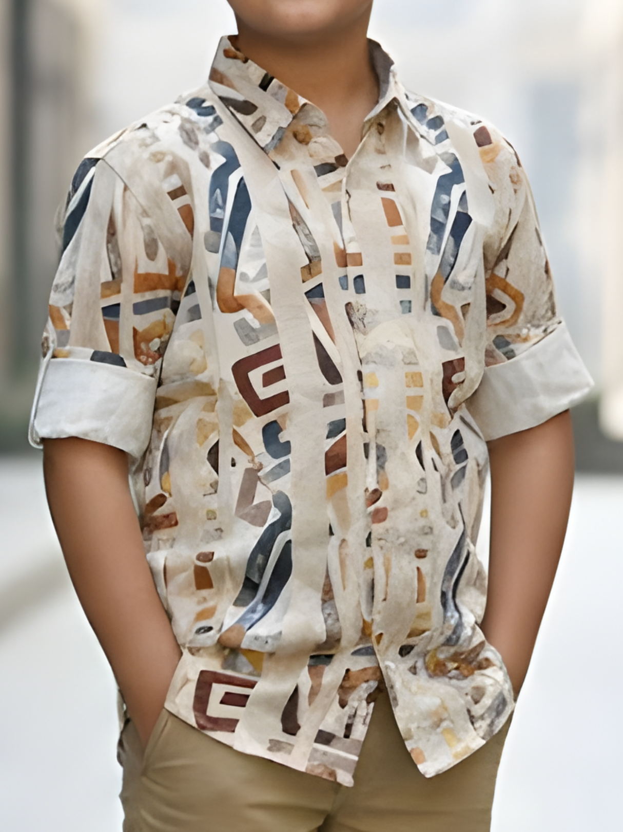 Boys Cream Abstract Geometric Multi-Color Casual Shirt