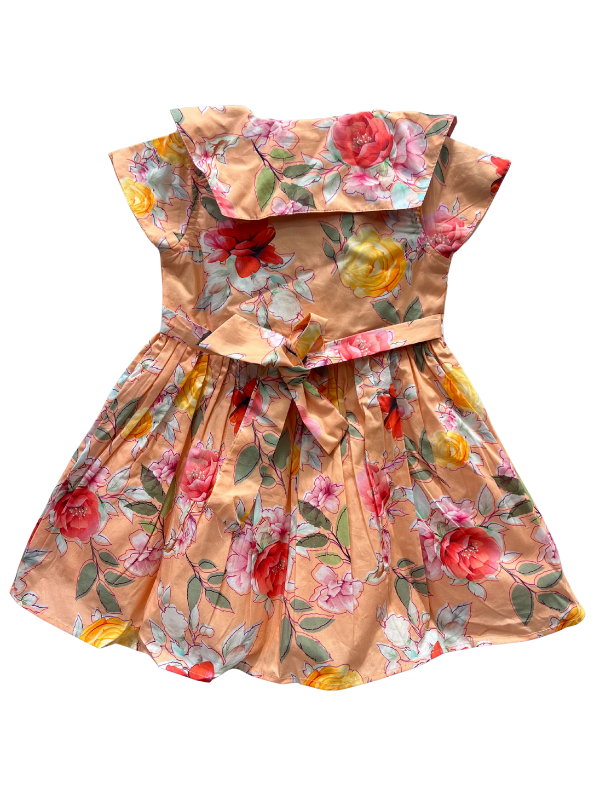 Girls Floral Dress with Peter Pan Collar - Orange and Floral Print