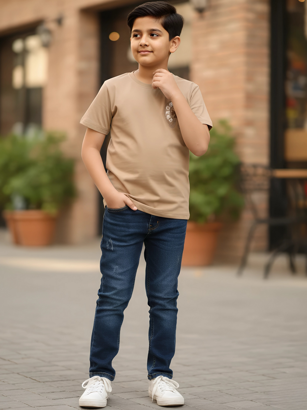 Kids' Faith Cross Logo T-Shirt - Tan/Brown Short Sleeve Tee.