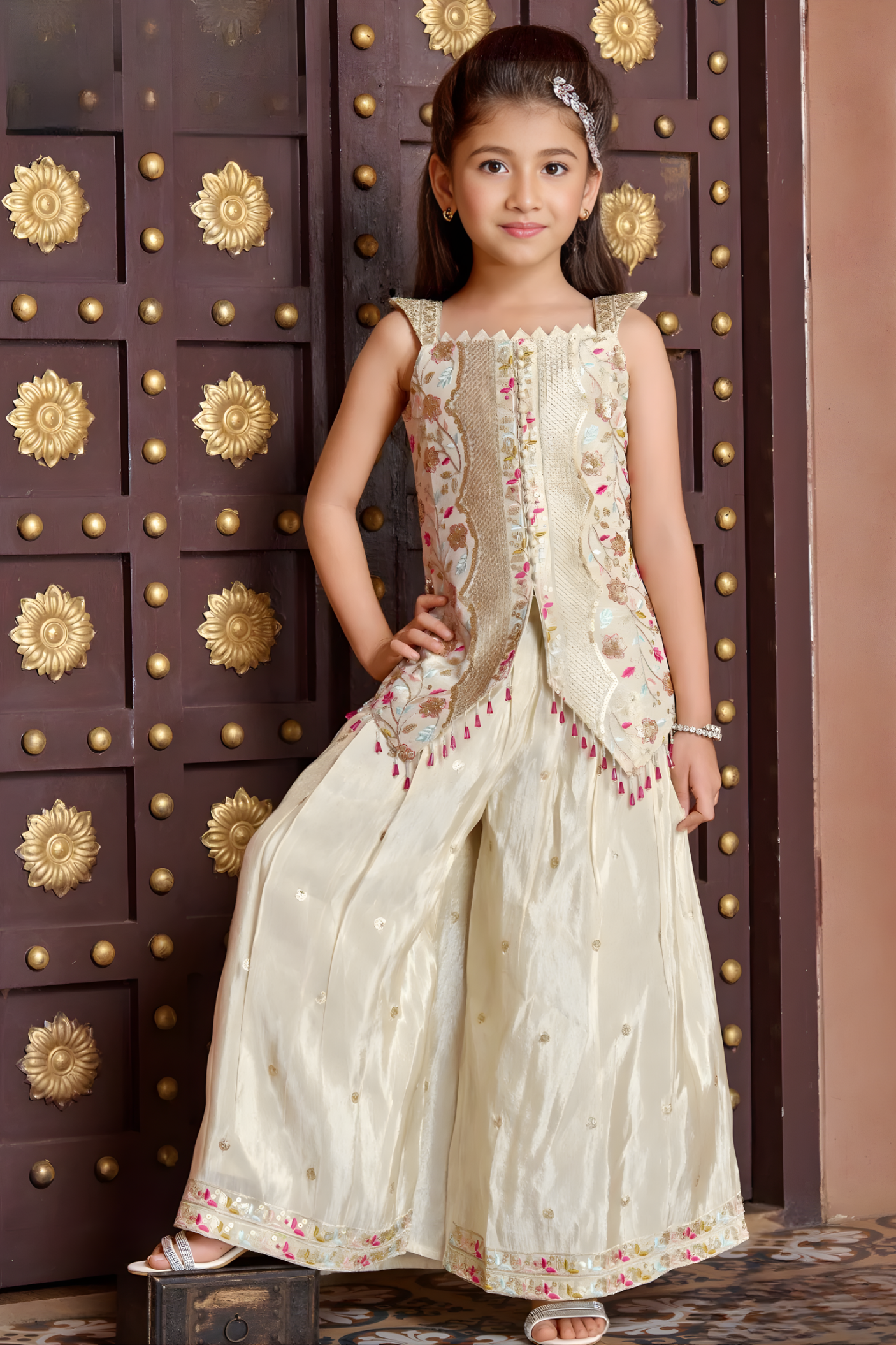 Girls Embroidered Cream Palazzo Set