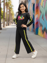 Girls' Black "Hello" Graphic Sweatshirt & Wide-Leg Pants Co-ord Set