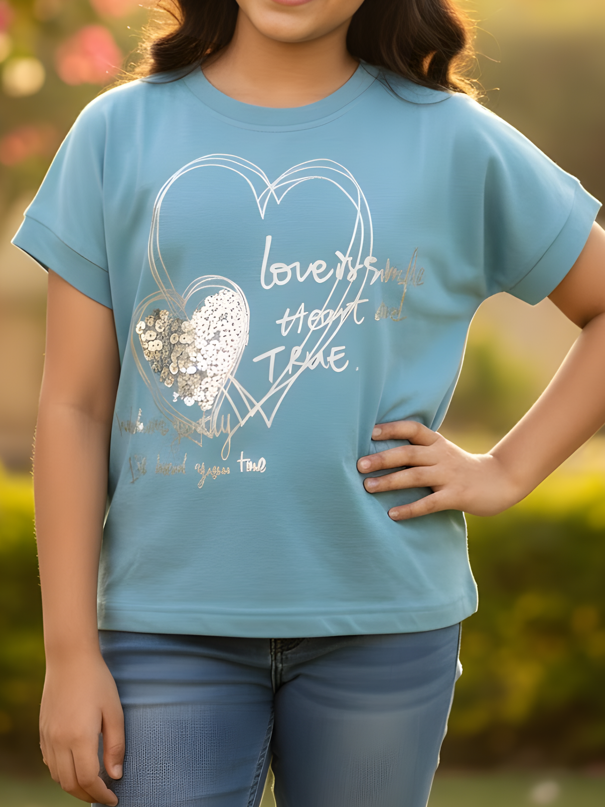 Girls' Serene Blue Heart Graphic Top.