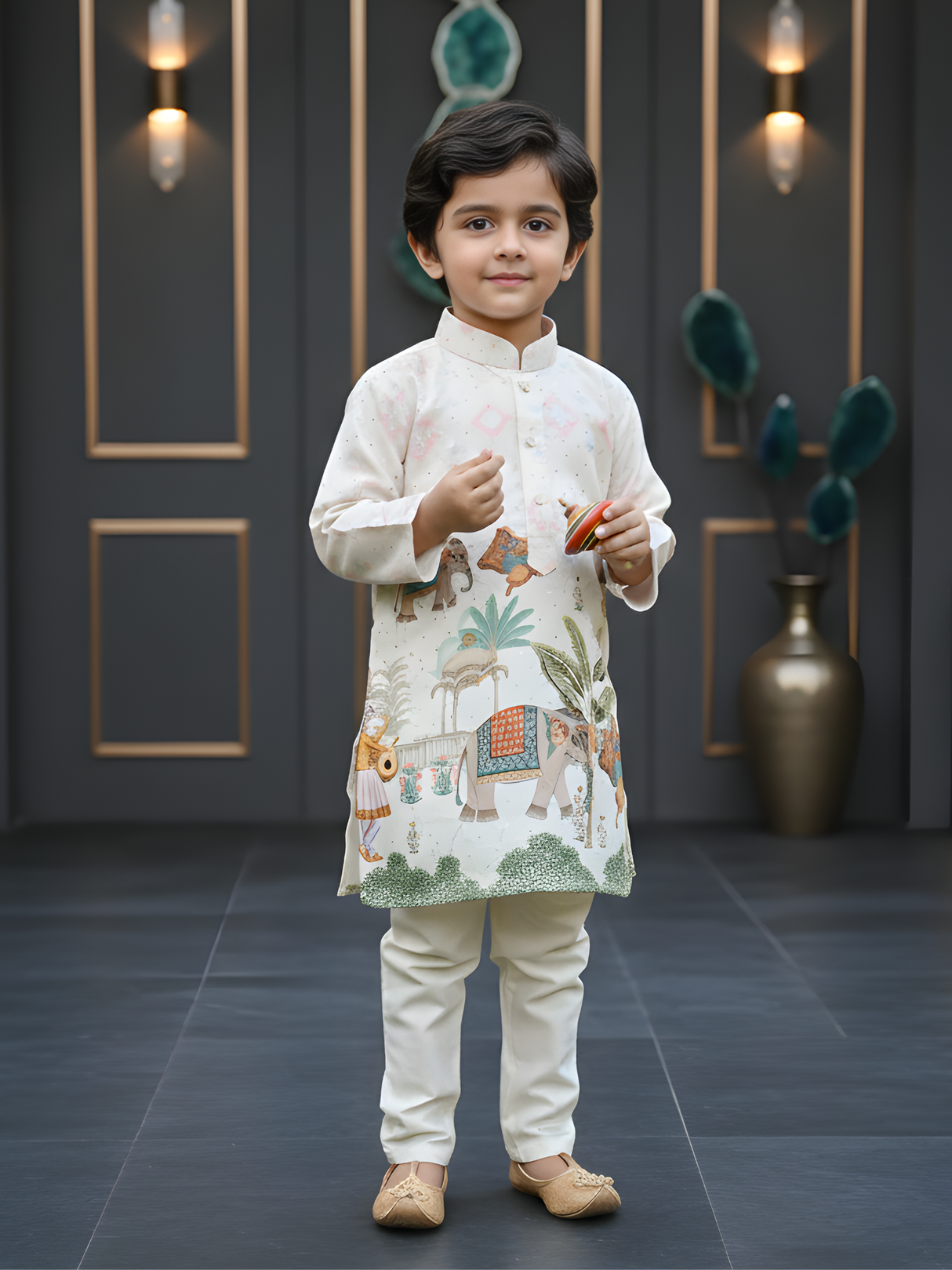 Boys Cream Mughal Heritage Elephant Print Kurta Set
