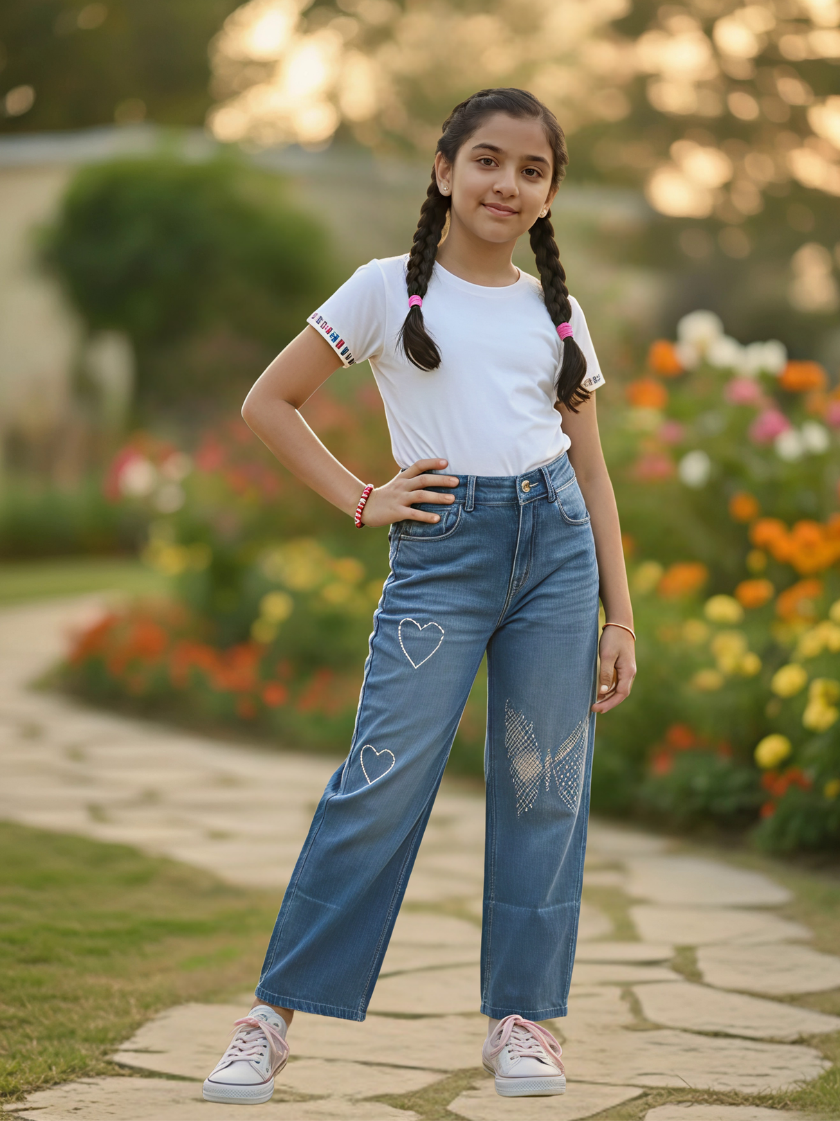 Girls' Embellished Blue Wide-Leg Denim Jeans