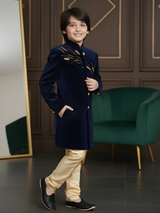 Boys' Blue Velvet Indo-Western Sherwani with Gold Zari Embroidery and Trousers Set