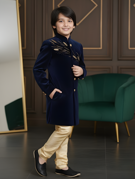 Boys' Blue Velvet Indo-Western Sherwani with Gold Zari Embroidery and Trousers Set