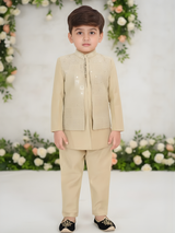 Boys' Fawn Beige Kurta Pajama Set with Embroidered Nehru Jacket