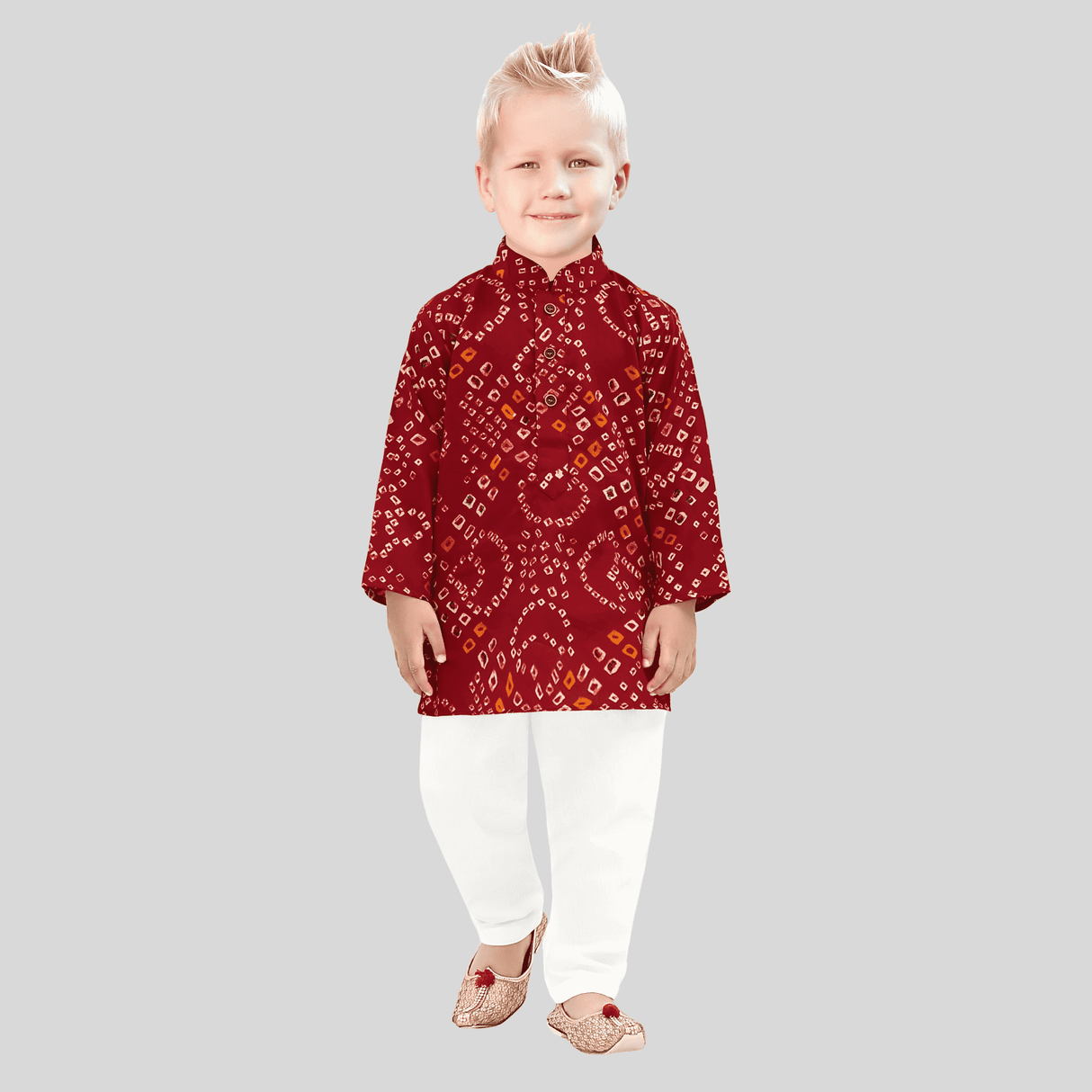 Boys Traditional Printed Chudidar Kurta Set - Maroon