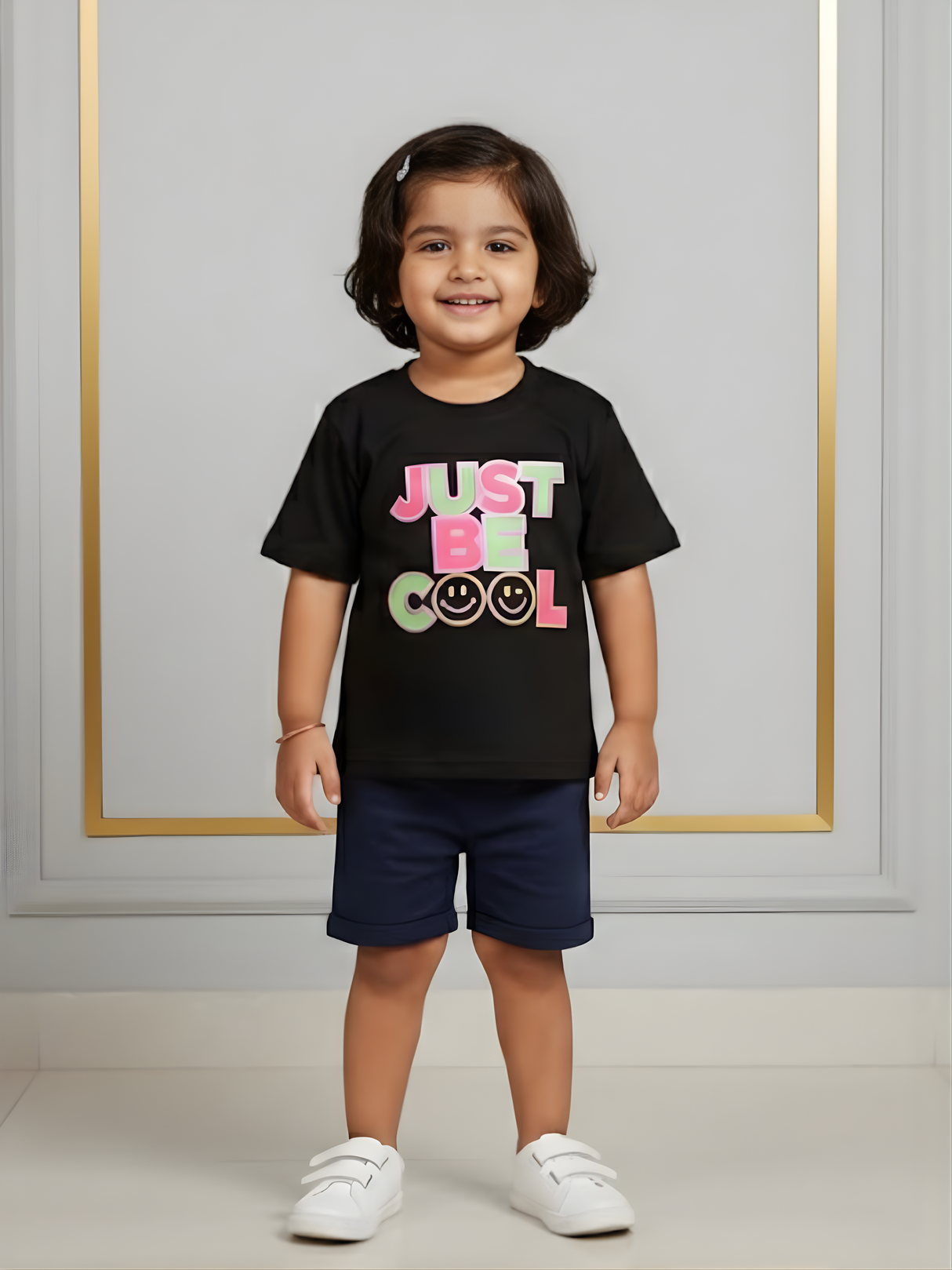 Girls Black "Just Be Cool" Smiley Graphic Tee
