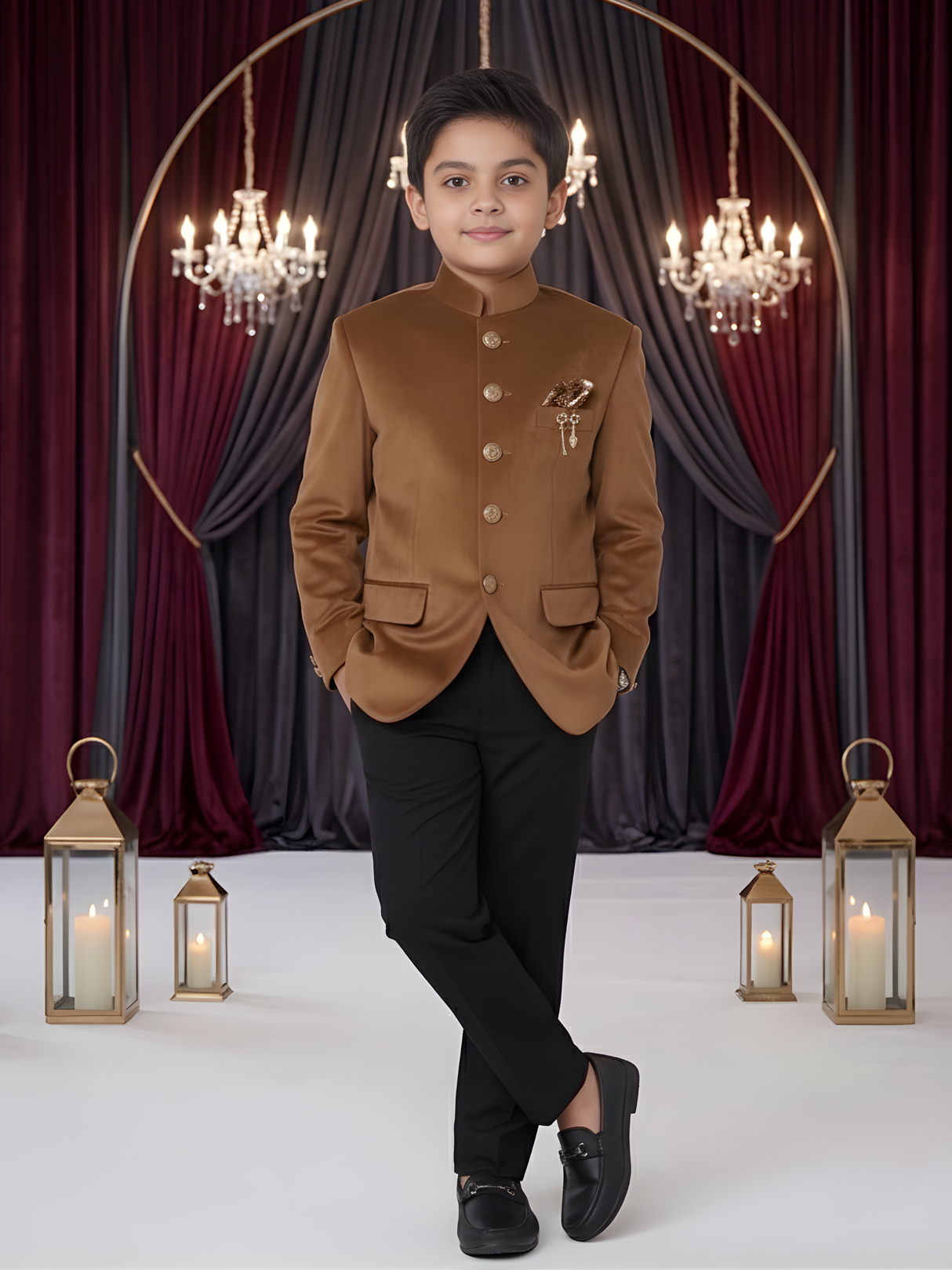 Boys' Camel Brown Velvet Jodhpuri Suit with Black Trousers
