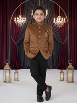 Boys' Camel Brown Velvet Jodhpuri Suit with Black Trousers