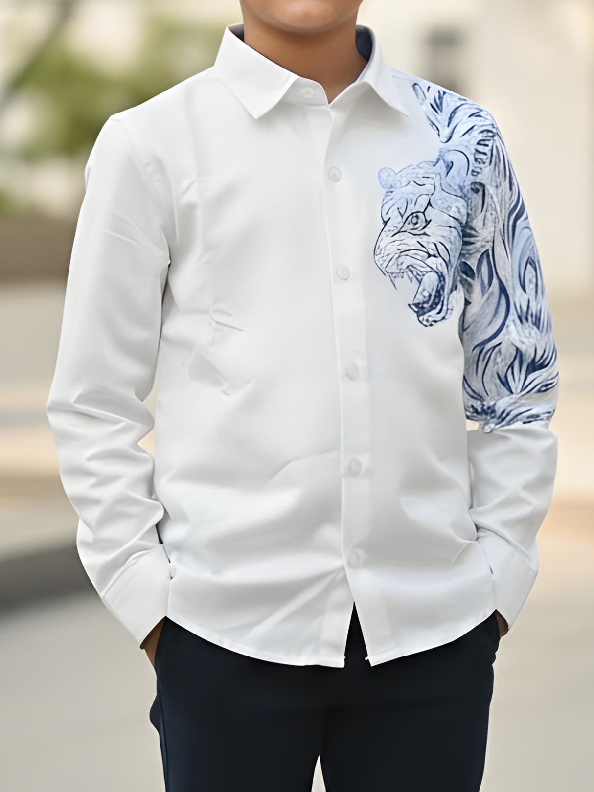 Boys White & Azure Blue Lion Art Party Wear Shirt