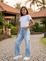 Girls' Light Blue Floral Embroidered Wide-Leg Jeans