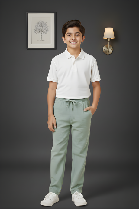 Boy's Casual Light Green Linen-Look Drawstring Trousers