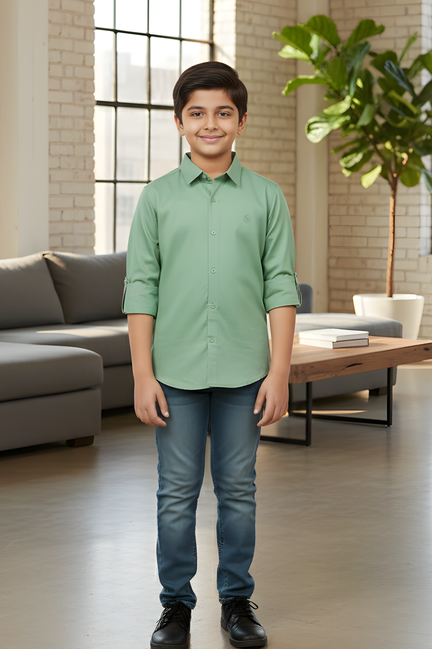 Boy's Crisp Light Green Casual Shirt with Roll-Up Sleeves