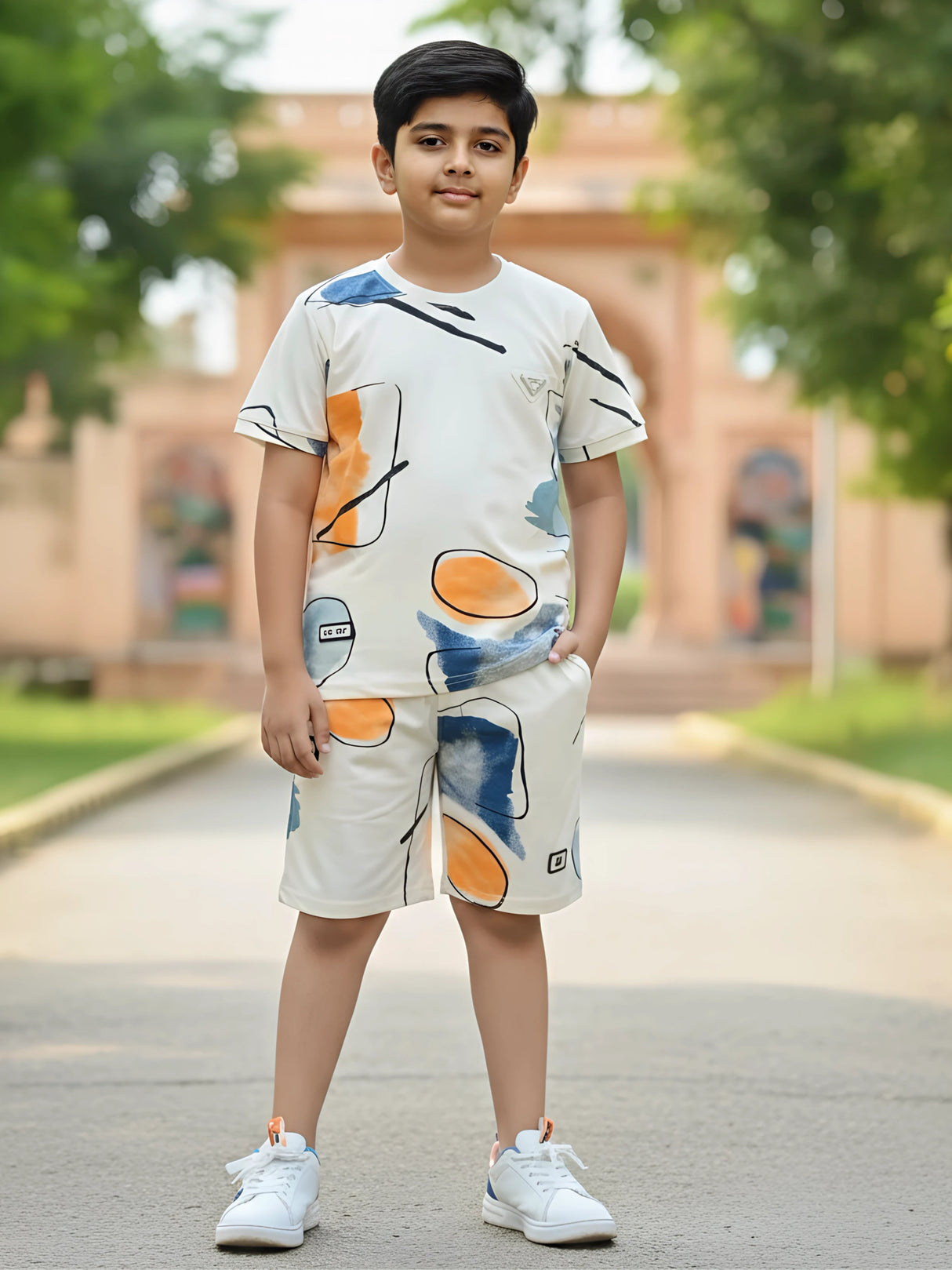 Boys Abstract Print Premium Cream Cotton Relaxed Fit Coordinate Set