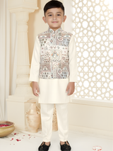 Boy's Cream Kurta Set with Multicolor Printed Nehru Jacket