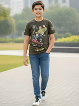 Boys' Olive Green Skater Graphic Tee with Bold Street Art Print