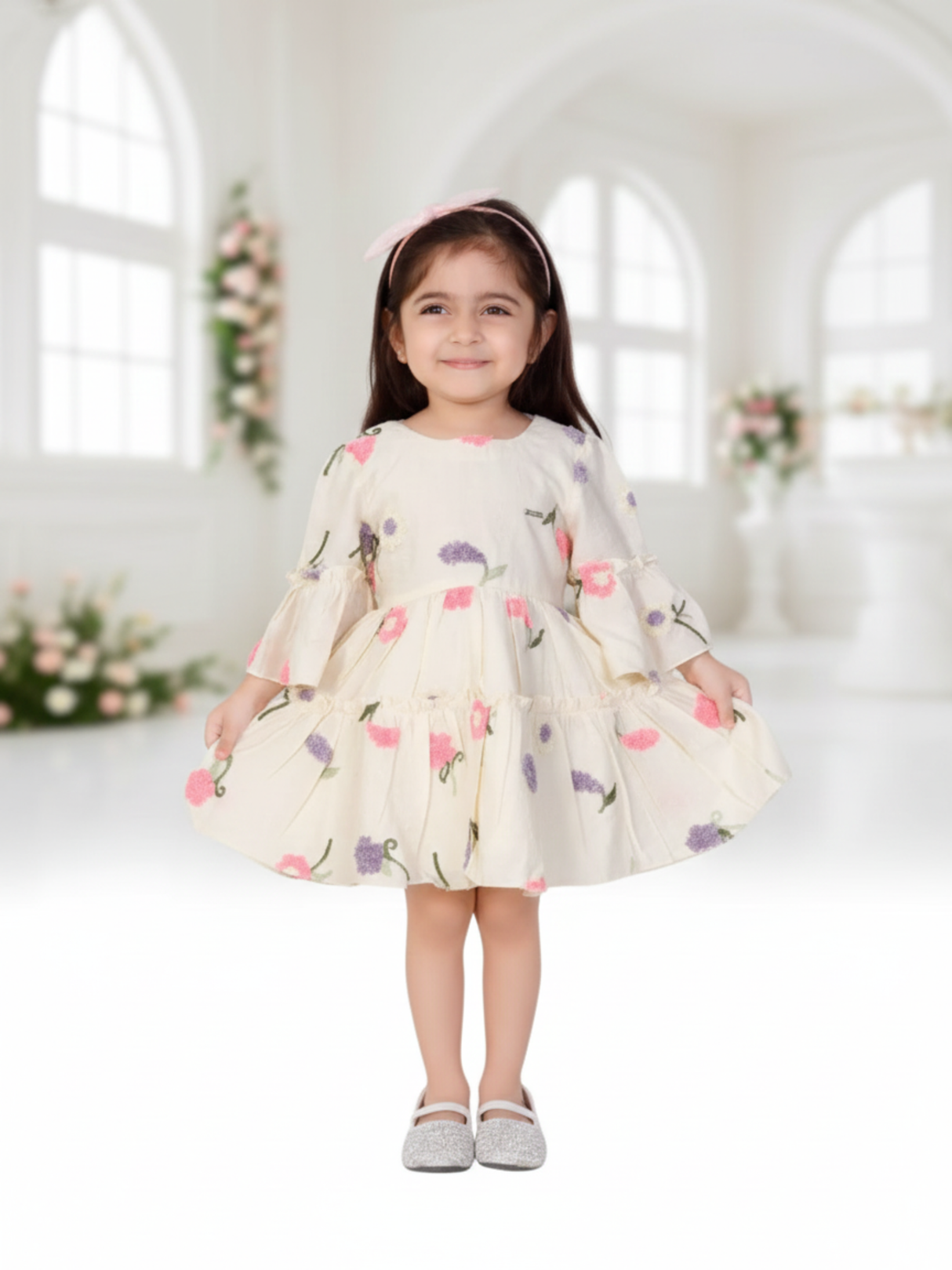 Boho Chic Cream Frock with Vibrant Floral Embroidery & Bell Sleeves