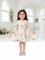 Boho Chic Cream Frock with Vibrant Floral Embroidery & Bell Sleeves