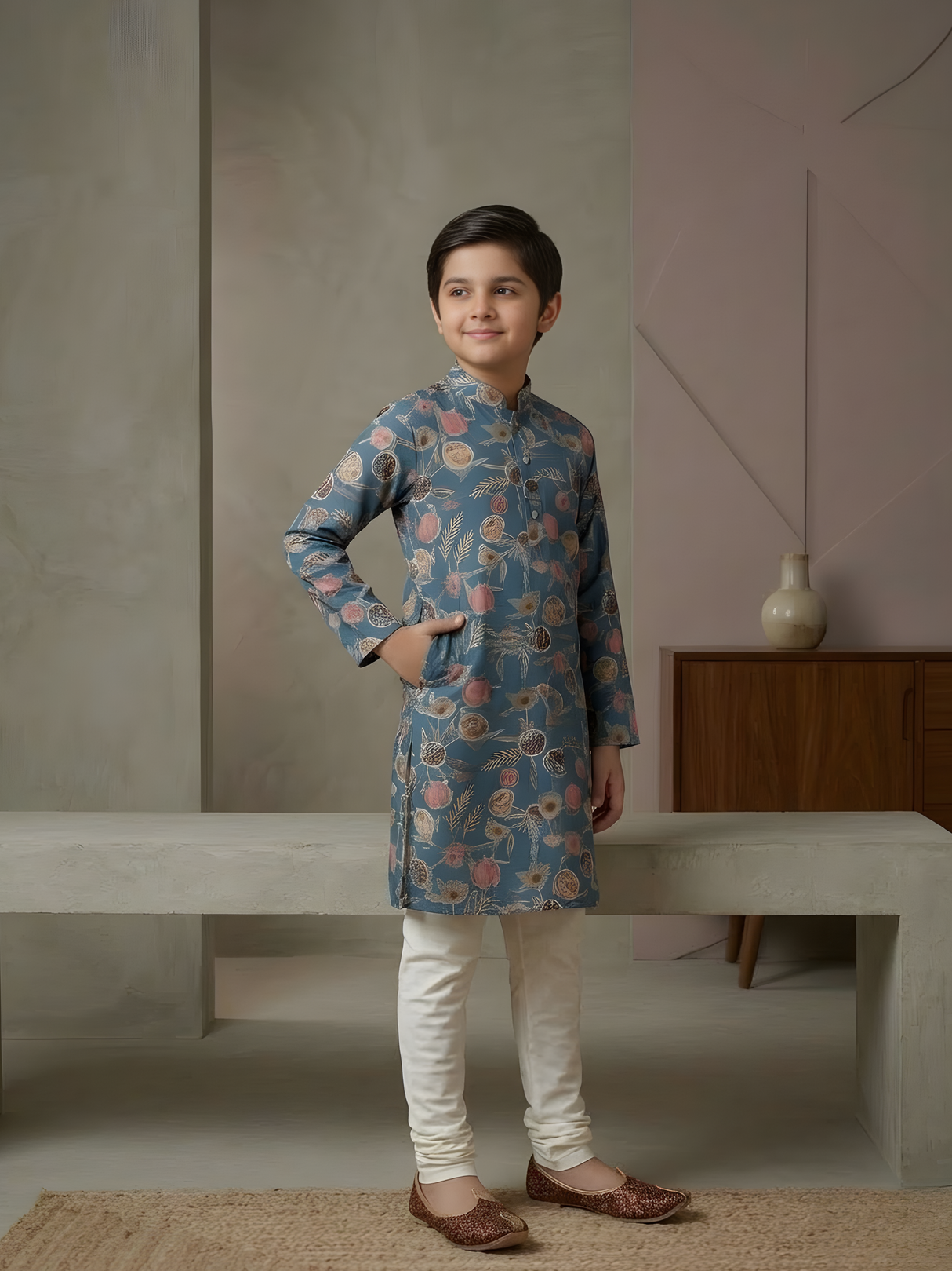 Boys' Teal Blue Floral Print Kurta with Cream Pyjama Set.