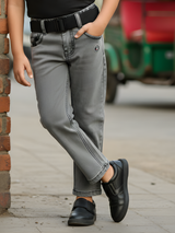 Boys' Light Grey Wash Denim Jeans with Black Utility Belt.