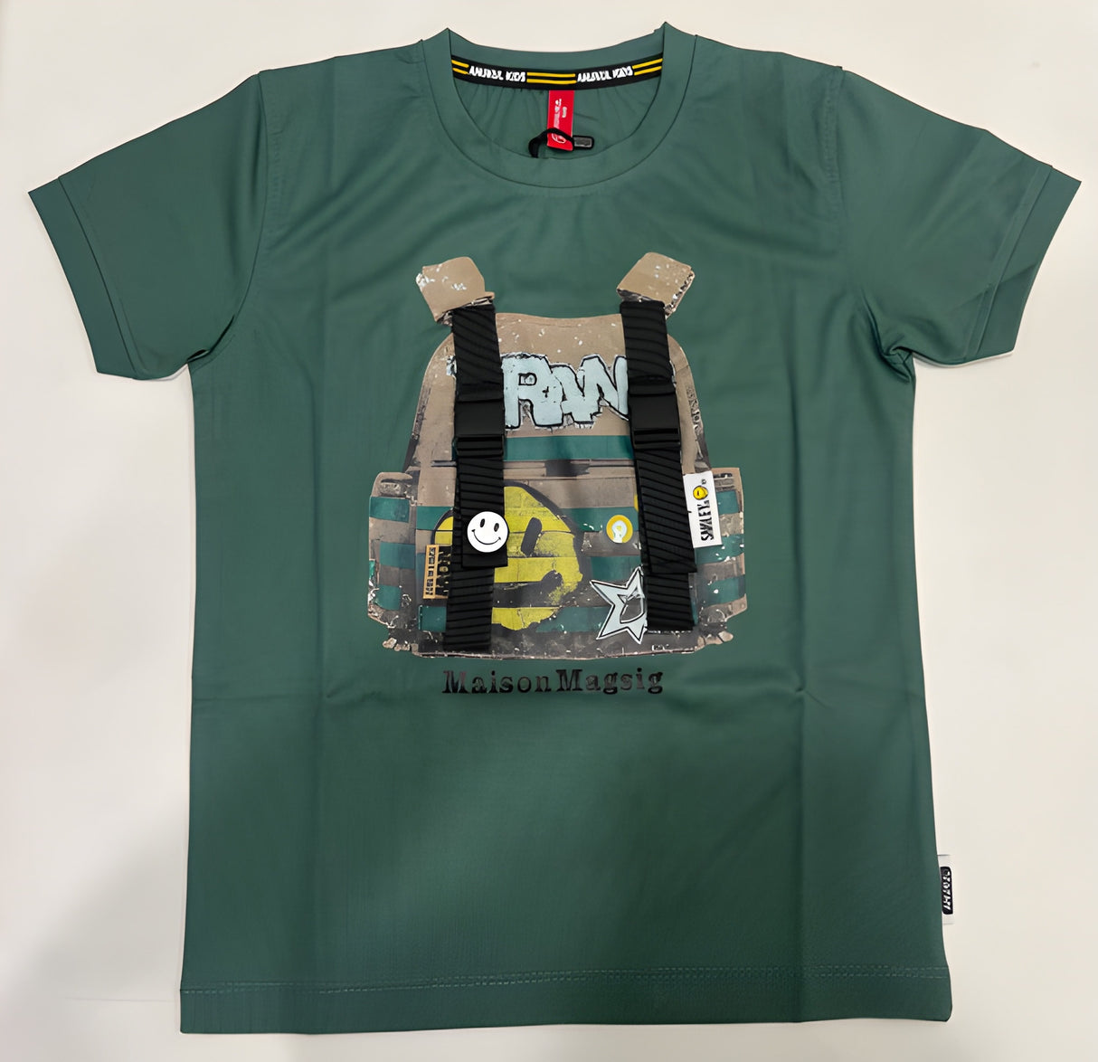 "Kids Green Graphic T-Shirt with Backpack Print