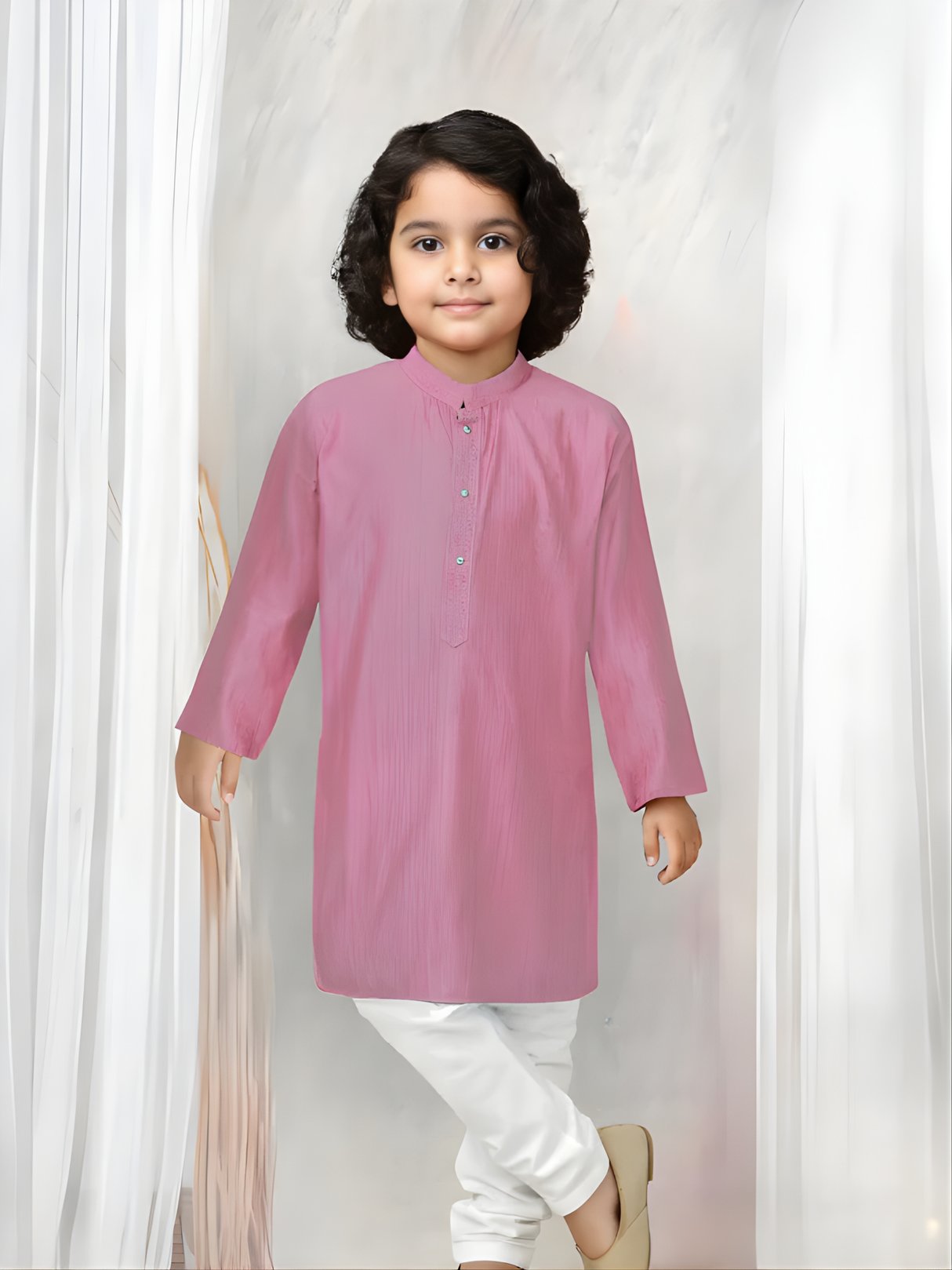 Boys' Marigold Orange Kurta with Tree and Bird Print and Cream Pajama Set