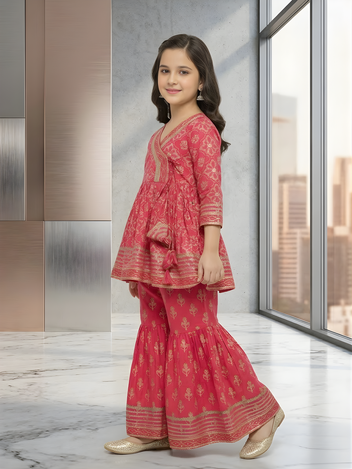 Girls' Fuchsia Pink Block Print Kurti, Sharara, and Dupatta Set with Heavy Embroidery