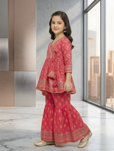 Girls' Fuchsia Pink Block Print Kurti, Sharara, and Dupatta Set with Heavy Embroidery