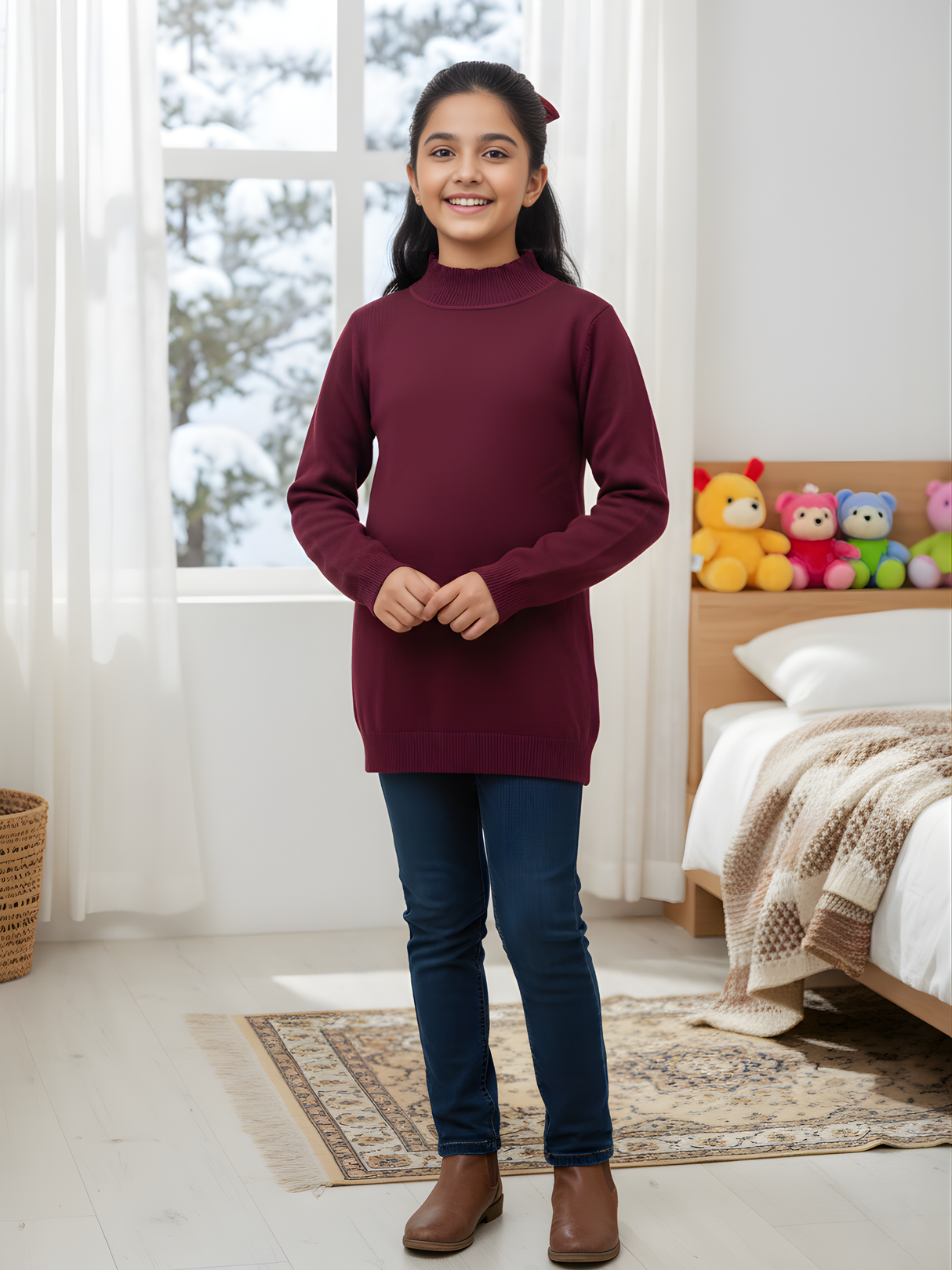 Girls' Maroon Mock Neck Knit Sweatshirt - Premium Soft Winter Wear