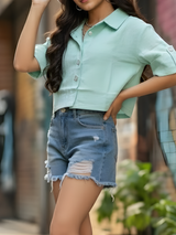 Girls Mint Green Button-Down Fashion Top with Folded Sleeves.