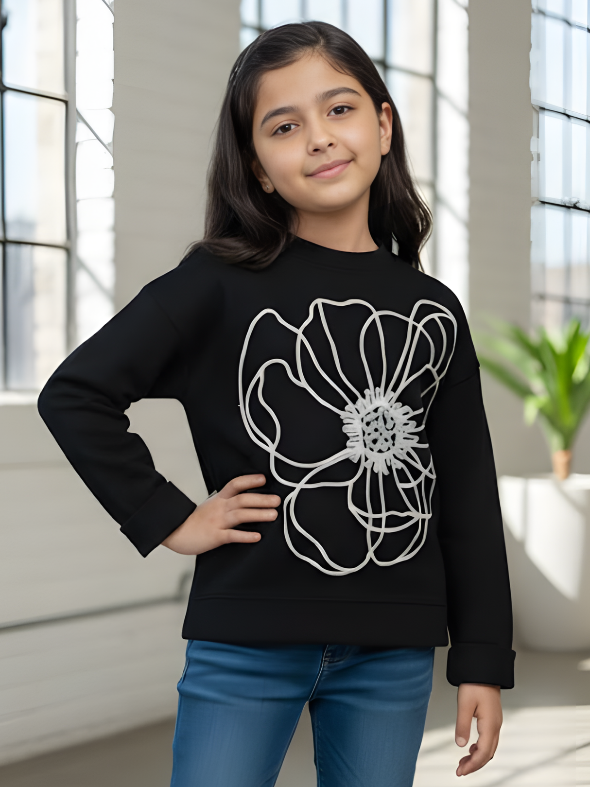 Girls' Black Long Sleeve T-Shirt with White Floral Graphic
