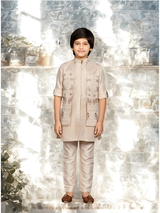 Boys' Elegant Cream Kurta Set with Contrasting Embroidered Vest.