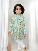 Boys' Festive Mint/Teal Green Printed Kurta and White Pajama Set