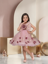 Girls' Dusty Rose Glitter Tulle Frock with Oversized Bow & 3D Flowers.