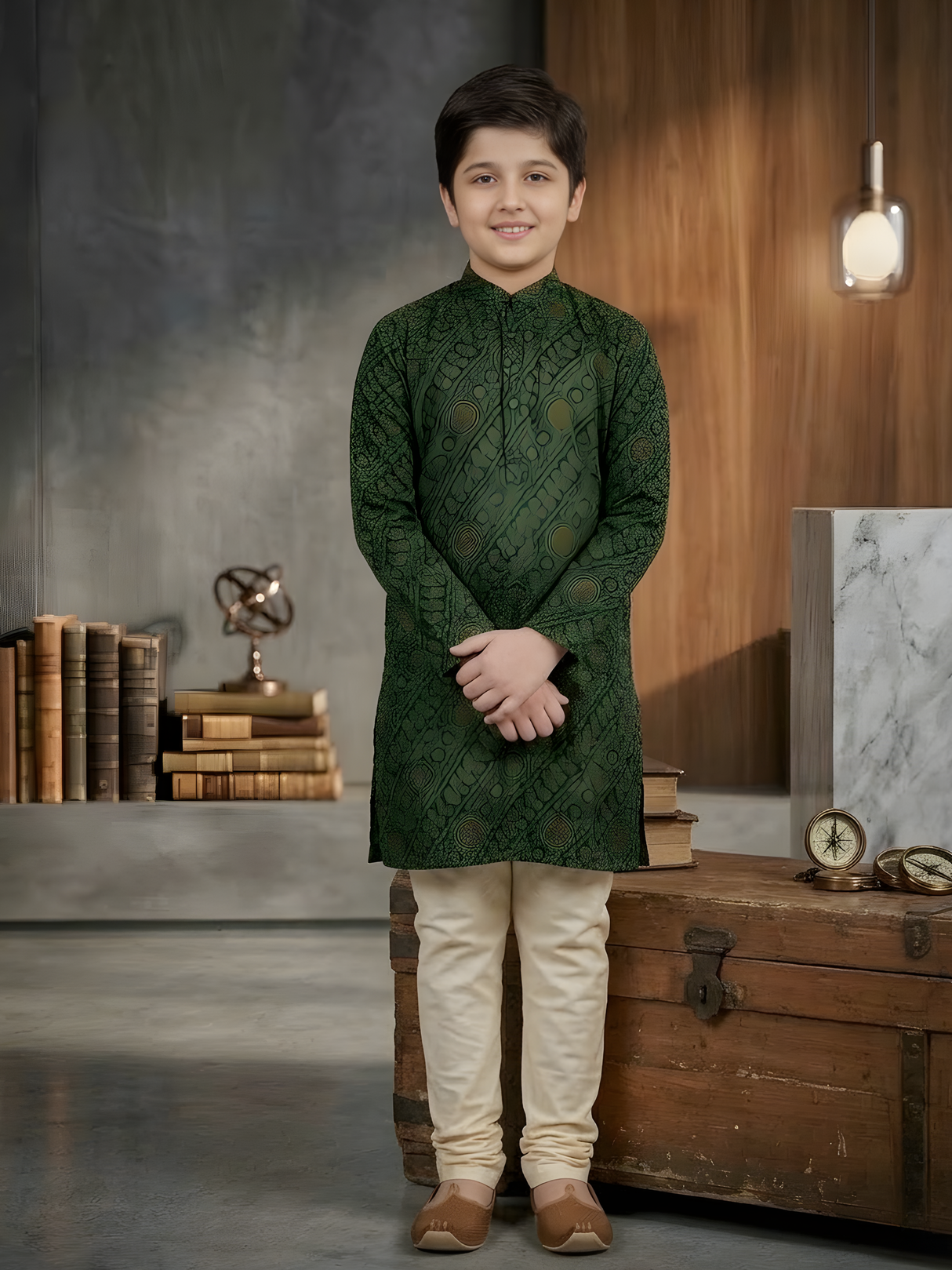 Boys' Dark Green Full-Sleeve Kurta Set with Traditional Bandhani Style Print