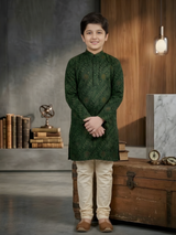 Boys' Dark Green Full-Sleeve Kurta Set with Traditional Bandhani Style Print
