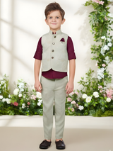 Boys' Sage & Maroon Embroidered Waistcoat Suit Set.