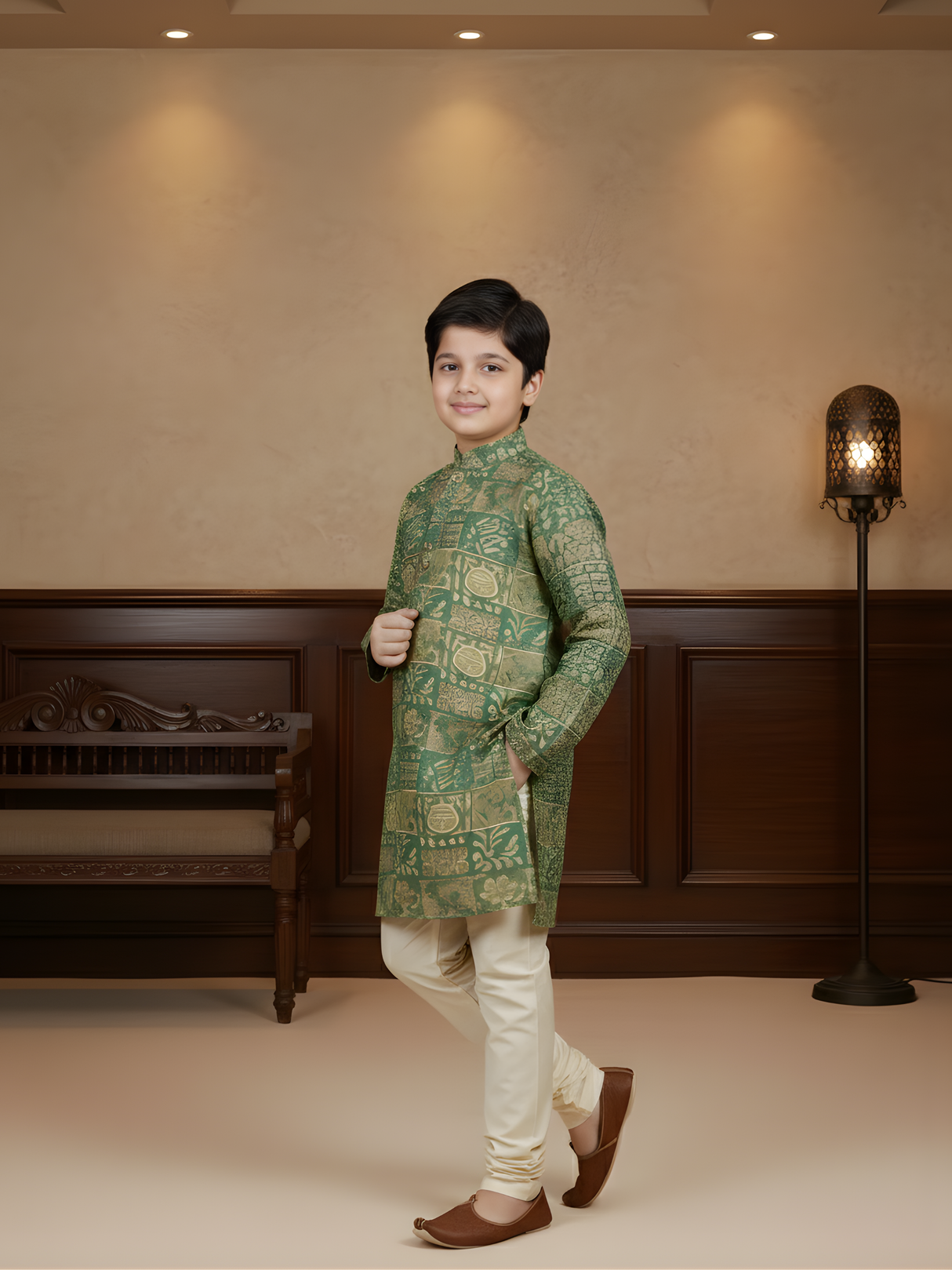 Boys' Sea Green and Tan Geometric Print Full-Sleeve Kurta Pajama Set