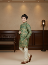 Boys' Sea Green and Tan Geometric Print Full-Sleeve Kurta Pajama Set
